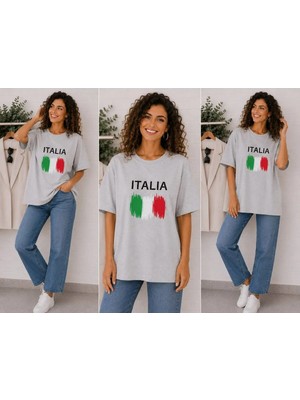 Enb1r Moda Italıa Bayrak Renkleri Temalı Baskılı Oversize Tişört Unisex Gri Premium Basic T-Shirt
