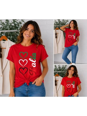 Enb1r Moda Italya Temalı 3lü Kalp Baskılı Unisex Kırmızı Premium Basic T-Shirt
