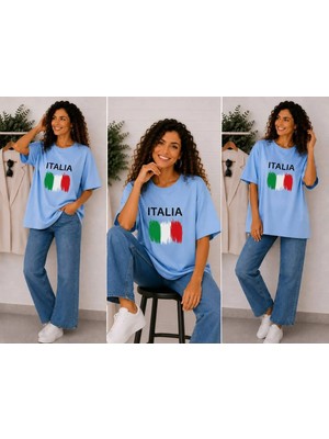Enb1r Moda Italıa Bayrak Renkleri Temalı Baskılı Oversize Unisex Mavi Premium Basic T-Shirt