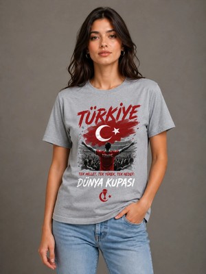 Enb1r Moda Dünya Kupası Türkiye Baskılı Gri Unisex Tek Millet Tek Yürek Futbol Taraftar T-Shirt