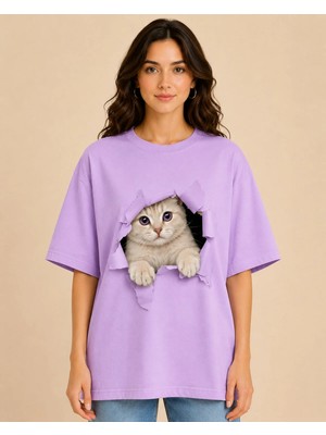 Enb1r Moda Kadın Beyaz Oversize Kedi Baskılı Basic Tişört Yırtık Efektli Cute Cat