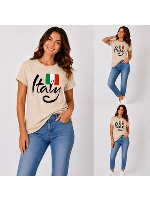 Enb1r Moda Italy Yazılı Italyan Bayrak Renkleri Baskılı Unisex Bej Premium Basic T-Shirt