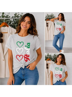 Enb1r Moda Italya Temalı 3lü Kalp Baskılı Unisex Gri Premium Basic T-Shirt