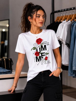 Enb1r Moda Summer Love Forever Gül Baskılı Kadın Beyaz Basic T-Shirt
