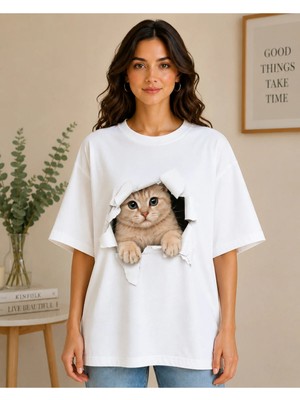 Enb1r Moda Kadın Beyaz Oversize Kedi Baskılı Basic Tişört Yırtık Efektli Cute Cat