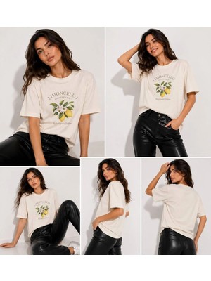 Enb1r Moda Kadın Estetik Vintage Limon Baskılı Sokak Stili Unisex Bej Premium Basic T-Shirt