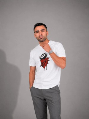 Enb1r Moda Kırmızı Siyah Motivasyon Baskı Detaylı Unisex Beyaz T-Shirt