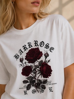 Enb1r Moda Vintage Gül Desenli Unisex Beyaz Kısa Kollu T-Shirt