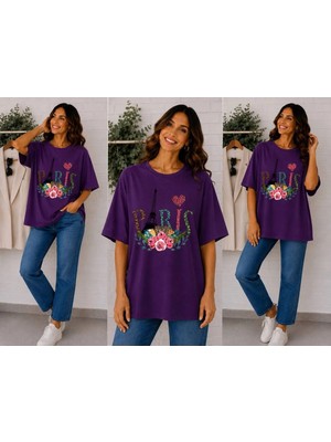 Enb1r Moda Paris Temalı Eyfel Kulesi, Gül Çiçeği ve Kalp Baskılı Mor Premium Basic T-Shirt
