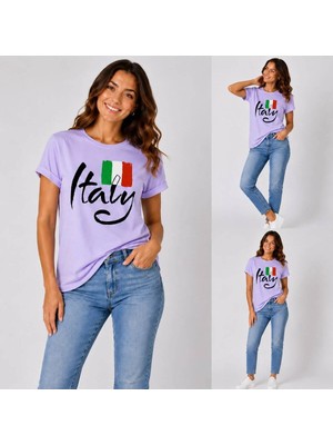 Enb1r Moda Italy Yazılı Italyan Bayrak Renkleri Baskılı Unisex Lila Premium Basic T-Shirt