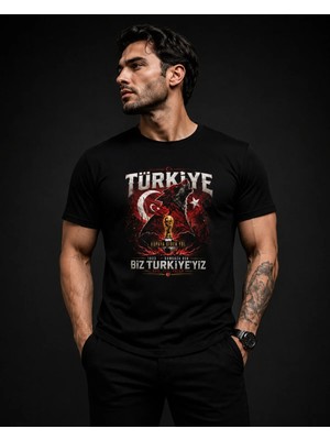 Enb1r Moda Türkiye Taraftar Tişörtü Unisex Ay Yıldız Bozkurt Baskı Detaylı Siyah Premium T-Shirt