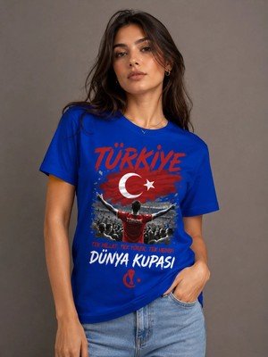 Enb1r Moda Dünya Kupası Türkiye Baskılı Unisex Saks Mavi Tek Millet Tek Yürek Futbol Taraftar T-Shirt