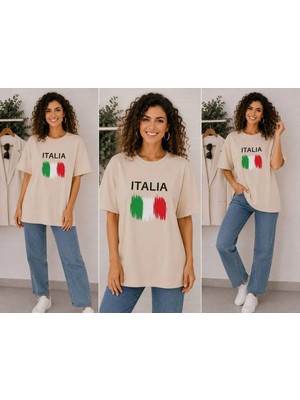 Enb1r Moda Italıa Bayrak Renkleri Temalı Baskılı Oversize Tişört Unisex Bej Premium Basic T-Shirt