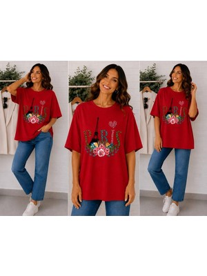 Enb1r Moda Paris Temalı Eyfel Kulesi, Gül Çiçeği ve Kalp Baskılı Kırmızı Premium Basic T-Shirt