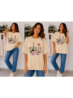 Enb1r Moda Paris Temalı Eyfel Kulesi, Gül Çiçeği ve Kalp Baskılı Bej Premium Basic T-Shirt