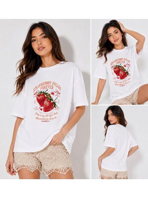 Enb1r Moda Kadın Strawberry Fields Forever Baskılı Ikili Çilek Detaylı Beyaz Premium T-Shirt