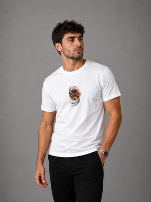 Enb1r Moda Minimal Kaplan Baskı Detaylı Unisex Beyaz Basic T-Shirt