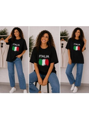 Enb1r Moda Italıa Bayrak Renkleri Temalı Baskılı Oversize Unisex Lacivert Premium Basic T-Shirt