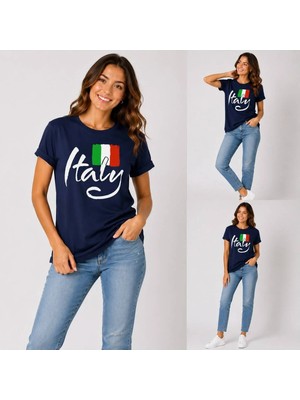 Enb1r Moda Italy Yazılı Italyan Bayrak Renkleri Baskılı Unisex Lacivert Premium Basic T-Shirt