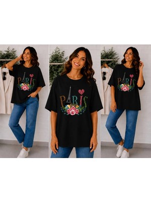 Enb1r Moda Paris Temalı Eyfel Kulesi, Gül Çiçeği ve Kalp Baskılı Siyah Premium Basic T-Shirt