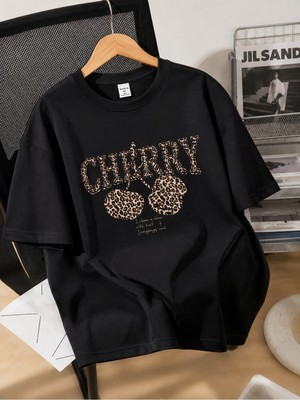 Enb1r Moda Kadın Siyah Baskılı Cherry Leopar Desenli Bisiklet Yaka Rahat Kalıp Günlük Premium Basic T-Shirt