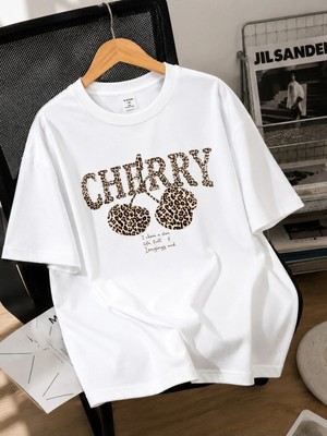 Enb1r Moda Kadın Baskılı Cherry Leopar Desenli Bisiklet Yaka Rahat Kalıp Premium Basic T-Shirt