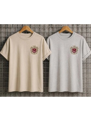Enb1r Moda Türk Ay Yıldız Desenli Bozkurt Temalı Gri-Bej Ikili Premium Basic T-Shirt