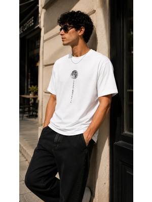Enb1r Moda Ay Baskılı Japon Stil Streetwear Beyaz Premium T-Shirt