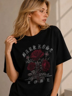 Enb1r Moda Vintage Gül Desenli Unisex Siyah Kısa Kollu T-Shirt
