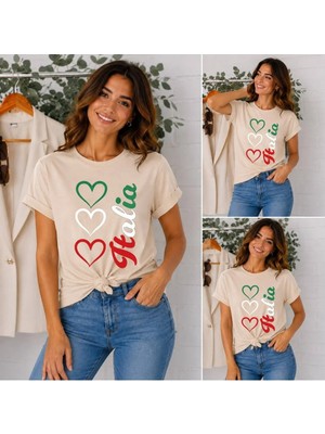 Enb1r Moda Italya Temalı 3lü Kalp Baskılı Unisex Bej Premium Basic T-Shirt