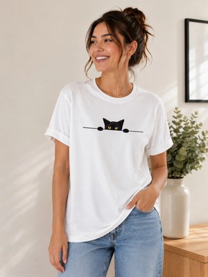 Enb1r Moda Minimal Siyah Kedi Desenli Günlük Streetwear Beyaz T-Shirt