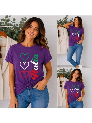 Enb1r Moda Italya Temalı 3lü Kalp Baskılı Unisex Mor Premium Basic T-Shirt