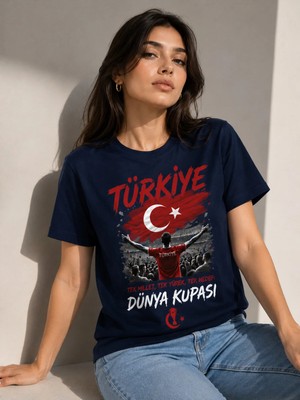 Enb1r Moda Dünya Kupası Türkiye Baskılı Lacivert Unisex Tek Millet Tek Yürek Futbol Taraftar T-Shirt