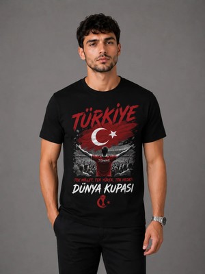 Enb1r Moda Dünya Kupası Türkiye Baskılı Unisex Siyah Tek Millet Tek Yürek Futbol Taraftar T-Shirt