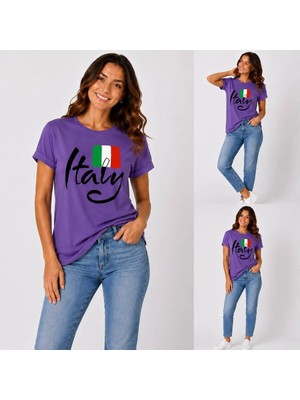 Enb1r Moda Italy Yazılı Italyan Bayrak Renkleri Baskılı Unisex Mor Premium Basic T-Shirt