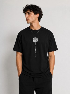 Enb1r Moda Ay Baskılı Japon Stil Streetwear Siyah/beyaz Premium T-Shirt