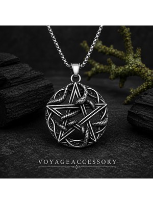 Voyage Accessory Paslanmaz Çelik Gotik Tarz Yılan Detaylı Pentagram Yıldızı Kolye