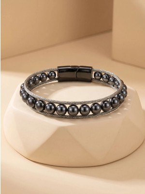 Parmas Design Hematit Doğaltaş Çelik Halat Örme Erkek Hediye Bileklik 01856