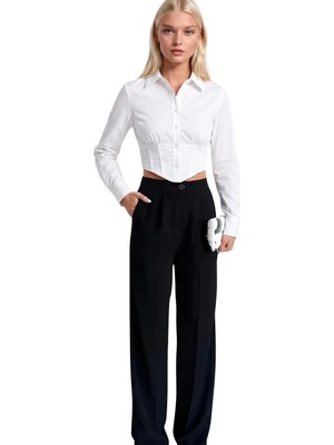 Asfaha Fashion Kadın Gömlek Yaka Düğmeli Crop Gömlek
