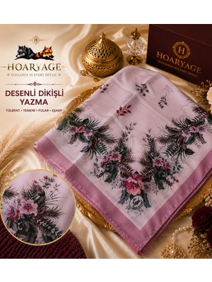 Hoaryage Zarif Çiçek Desenli Dikişli Yazma Tülbent Yemeni Fular Eşarp 80X80 cm