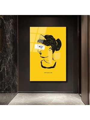 GLAZELLA Antik Ilham Sarı Minimalist Cam Tablo | Modern Sanat Duvar Dekorasyonu