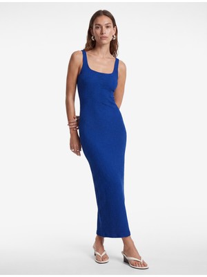 Koton Koton x Sibil Çetinkaya - Kare Yaka Kalın Askılı Kobalt Mavi Bodycon Uzun Kalem Elbise