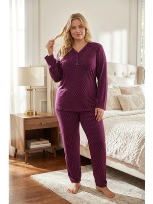 Temporium Kadın Büyük Beden Yakası Dantelli Uzun Kollu Bambu Pijama Takımı