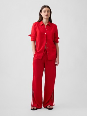 Gap Kadın Kırmızı Keten Karışımlı Çizgili Wide-Leg Pantolon