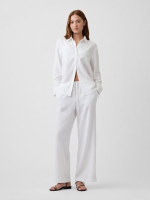 Gap Kadın Beyaz Relaxed Keten Karışımlı Wide-Leg Pantolon