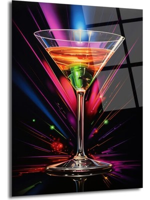GLAZELLA Neon Işıltılı Martini Kadehi Cam Tablo - Modern Bar Dekorasyonu