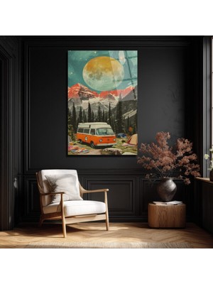 GLAZELLA Dev Ay Altında Kamp Macerası Vintage Karavan Cam Tablo