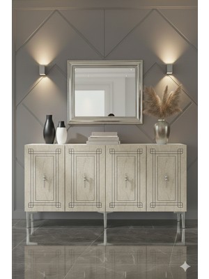 Yumedi Design KA1539BTS - Zülbia Konsol, Tv Sehpası, Çok Amaçlı Dolap ve Kahve Köşesi 150CM Beyaz-Traverten-Silver