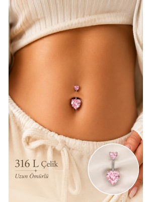 Sacce Scarves & Accessories Kalp Model Pembe Taşlı Çelik Göbek Piercing