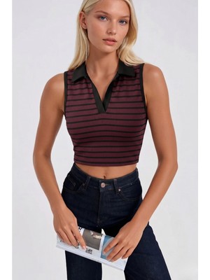 Asfaha Fashion Kadın Çizgili Yaka Detaylı Fitilli Crop